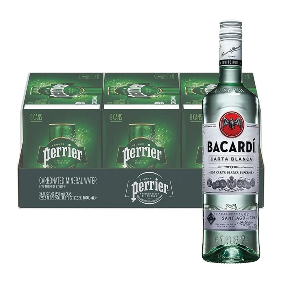 Pack 24 Agua Perrier Mineralizada Lata 330 ml + Ron Bacardi Carta Blanca Superior 980 ml