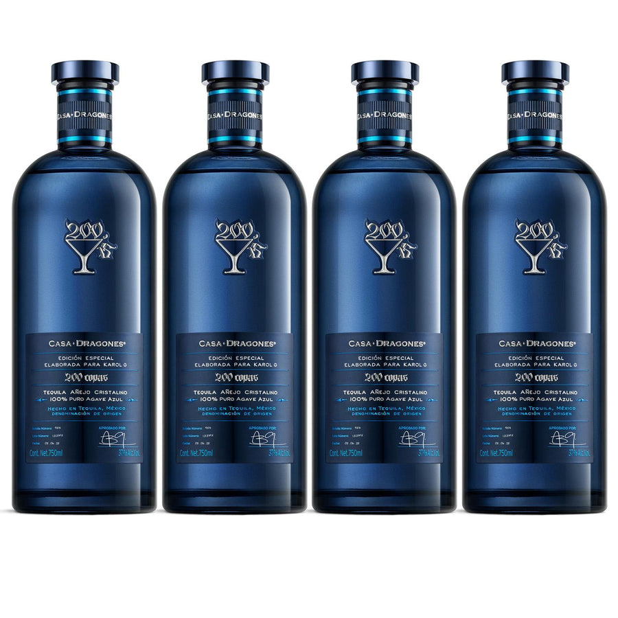 Pack de 4 Tequila Casa Dragones Añejo Cristalino 200 Copas Karol G 750 ml