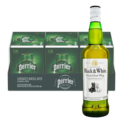 Pack 24 Agua Perrier Mineralizada Lata 330 ml + Whisky Black and White Blend 700 ml