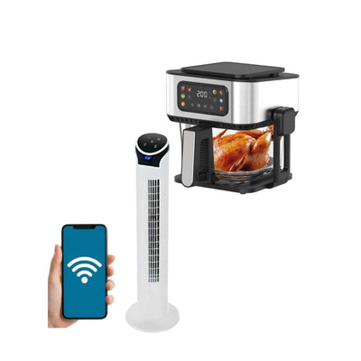 Combo Ventilador de Torre WiFi con Freidora 2 en 1 con Parrilla Eléctrica