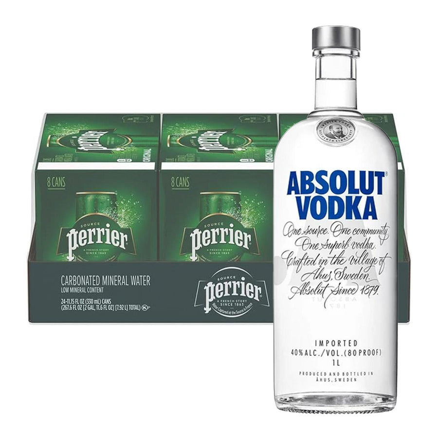 Pack 24 Agua Perrier Mineralizada Lata 330 ml + Vodka Absolut Blue 1 L