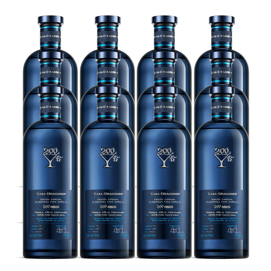 Pack de 12 Tequila Casa Dragones Añejo Cristalino 200 Copas Karol G 750 ml