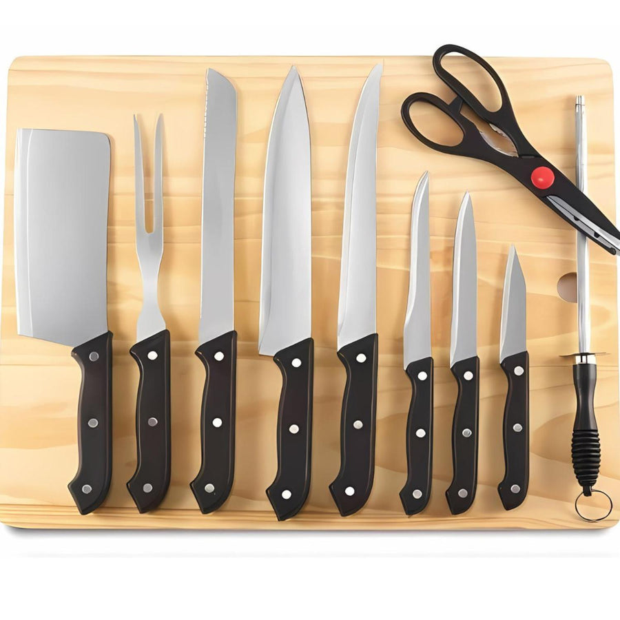Set Cuchillos 10 Pzs Acero Inoxidable Con Tabla De Madera Jc1111 Aquila